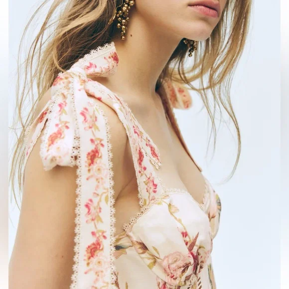 H&M Linen Blend Sleeveless Maxi Dress with Tie Shoulder Straps Floral print NWT - Picture 4 of 6